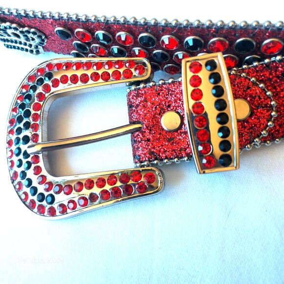 DNA PREMIUM WEAR WESTERN BELT RED BLACK RHINESTONE SILVER & GLITTER ACCENTS 43\